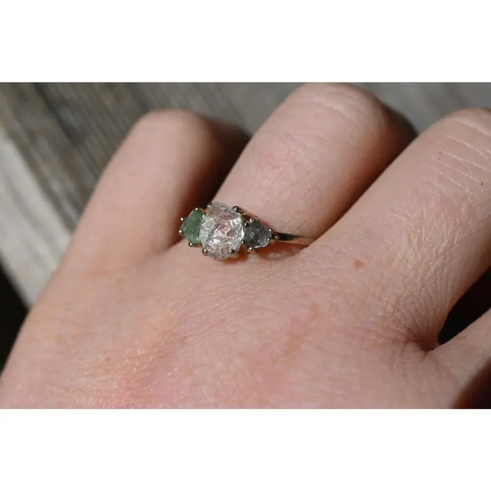 Emerald and Montana sapphire engagement ring 14k white gold size 12